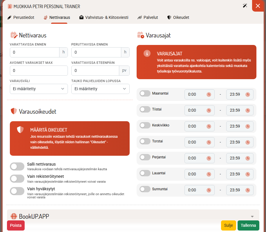 Resurssin Nettivaraus-välilehti: aikarajat, varausoikeudet ja vakiovarausajat.