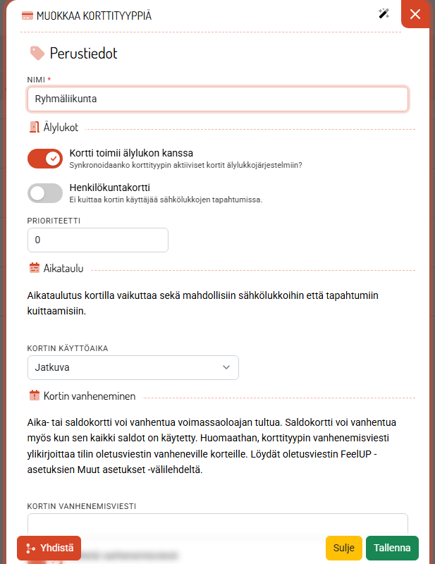 Korttityyppi: mihin kortti oikeuttaa, esimerkiksi älylukot, käyttöaika ja vanhenemisviesti.