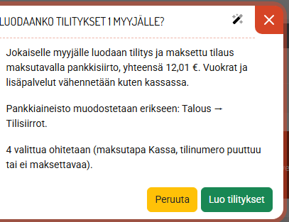 Vahvistus: myyjien määrä, yhteissumma ja ohitettavat.
