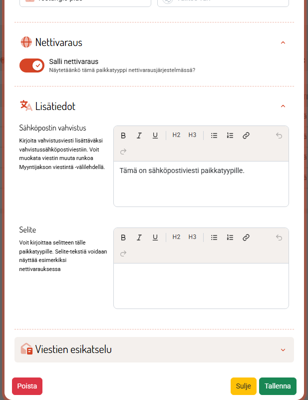 Paikkatyypin muokkaus: perustiedot, nettivaraus ja vahvistusviestin teksti.