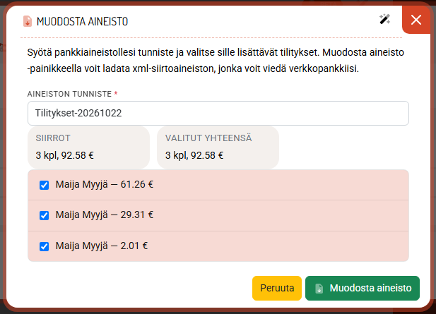 Valitse siirrot ja muodosta aineisto. Tiedosto latautuu koneellesi.