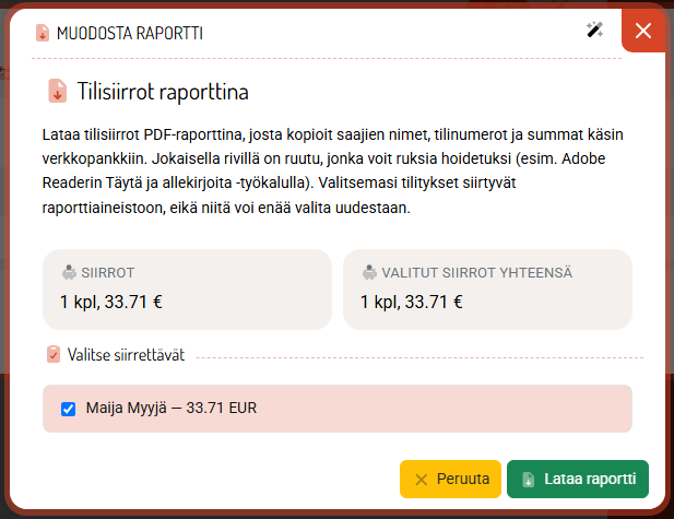 Valitse siirrot ja lataa raportti. PDF latautuu koneellesi.