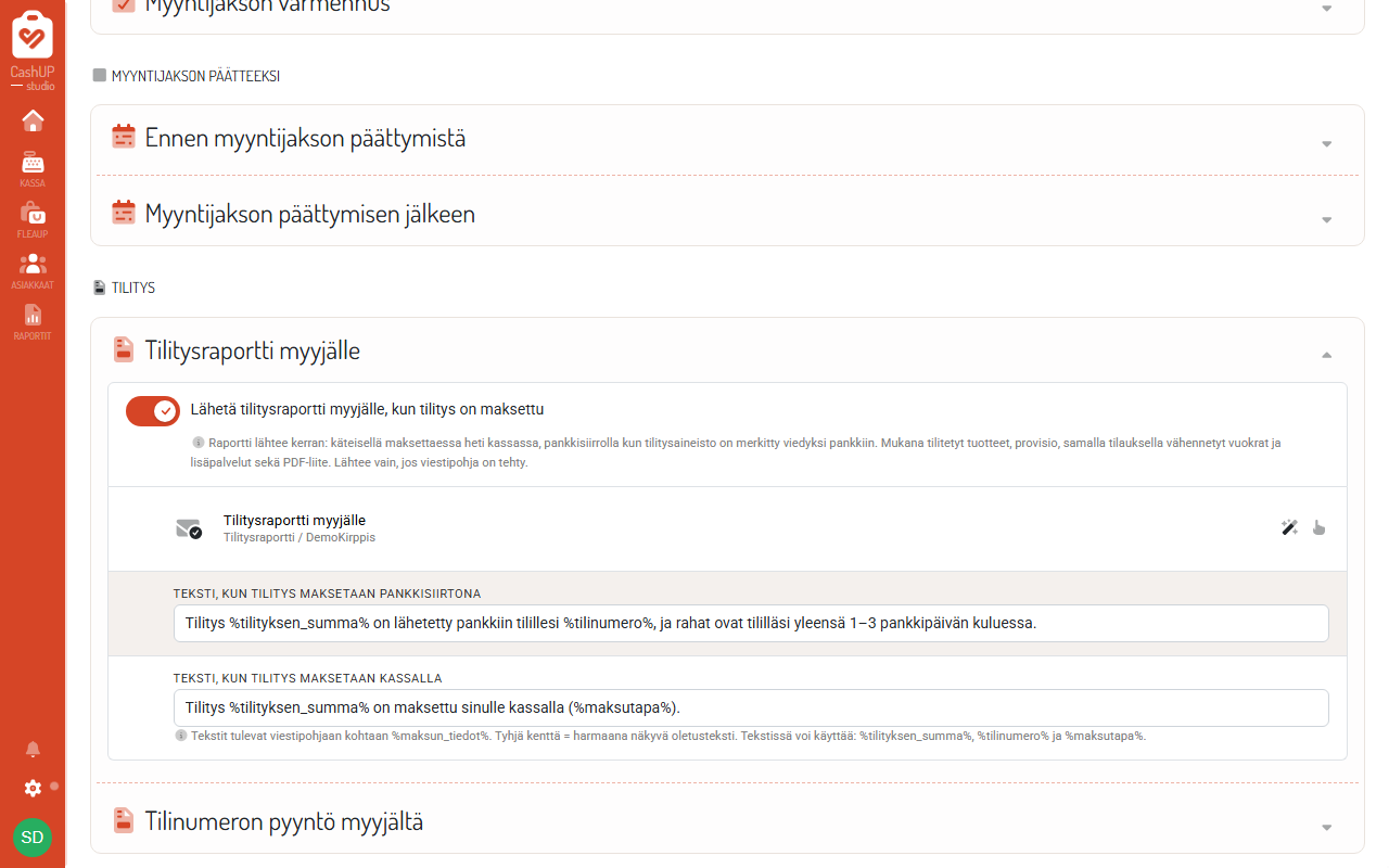 Myyntijakson viestintä → Tilitys: asetus ja viestipohja.