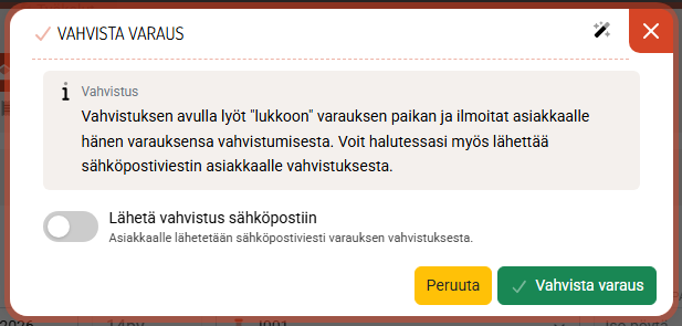 Vahvista varaus: valitse, lähteekö asiakkaalle vahvistus sähköpostiin.