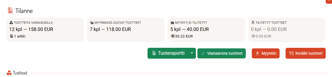 Tilanne: montako tuotetta on myynnissä, myyty ja tilitetty.