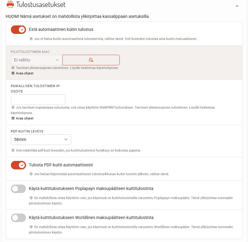 Tulostusasetukset: automaattinen tulostus, kuittitulostin ja PDF-kuitti.
