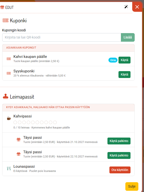Edut-ikkuna: kupongin koodi tai QR, asiakkaan kupongit.