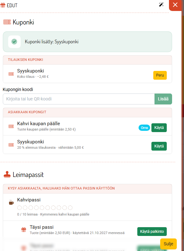 Kuponki lisätty tilaukselle; asiakkaan omat kupongit listalla.