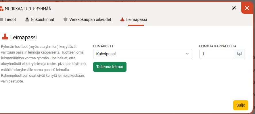 Tuoteryhmän Leimapassi-välilehti: passi ja leimoja kappaleelta.