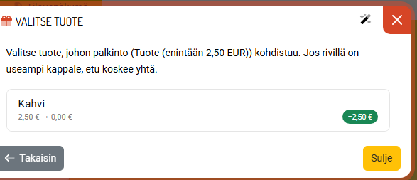Valitse tuote, johon palkinto kohdistuu.