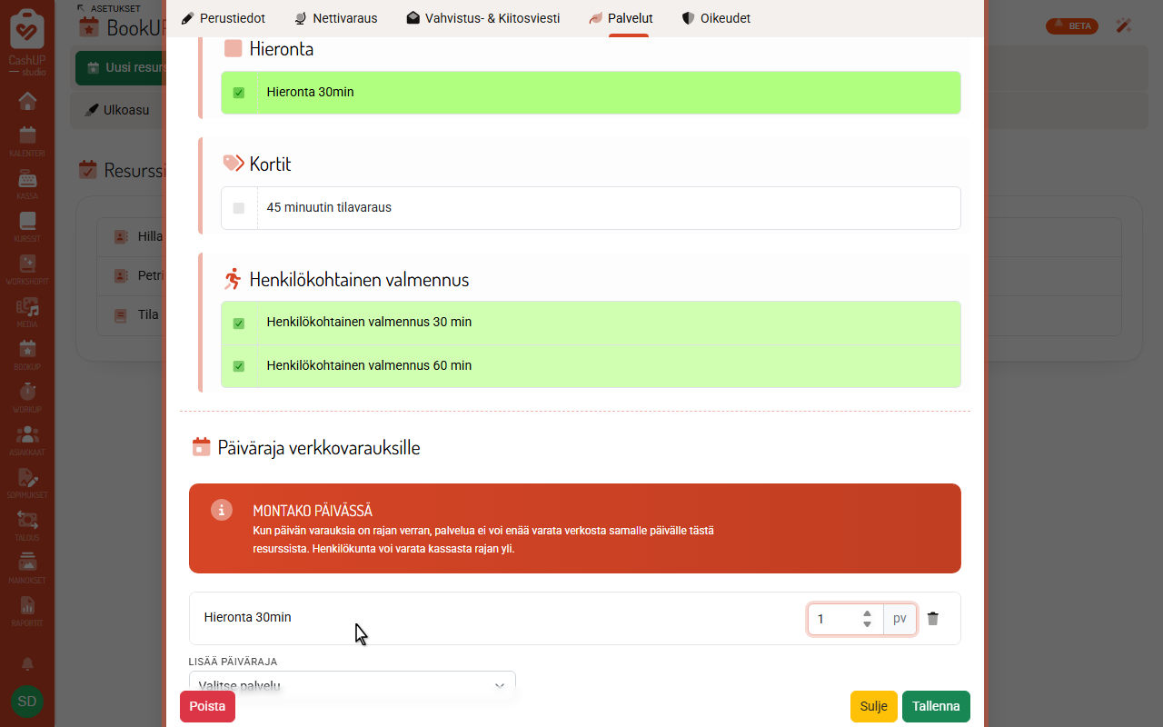 Resurssin Palvelut-välilehti: päiväraja verkkovarauksille.