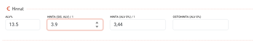 Hinnat: ALV-prosentti on pakollinen, veroton hinta lasketaan verollisesta.