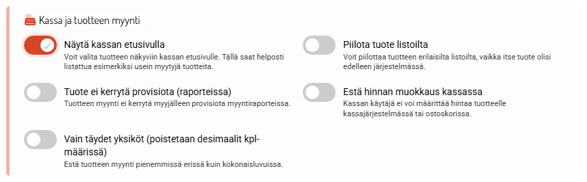 Kassa ja tuotteen myynti: kassan etusivu, piilotus ja hinnan muokkauksen esto.