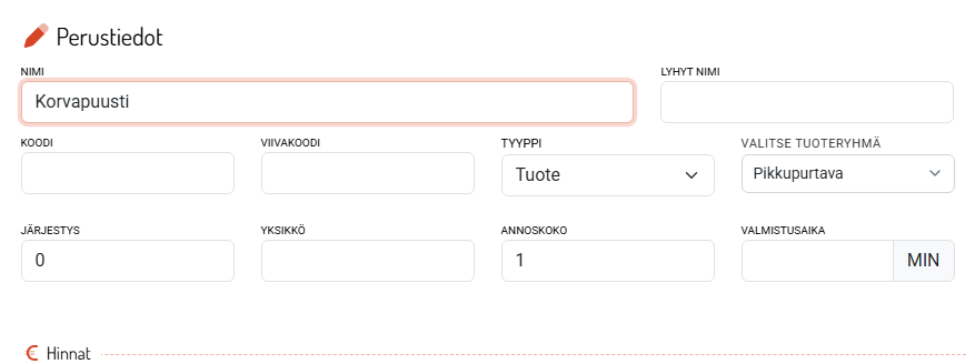 Perustiedot: nimi, tyyppi ja tuoteryhmä.
